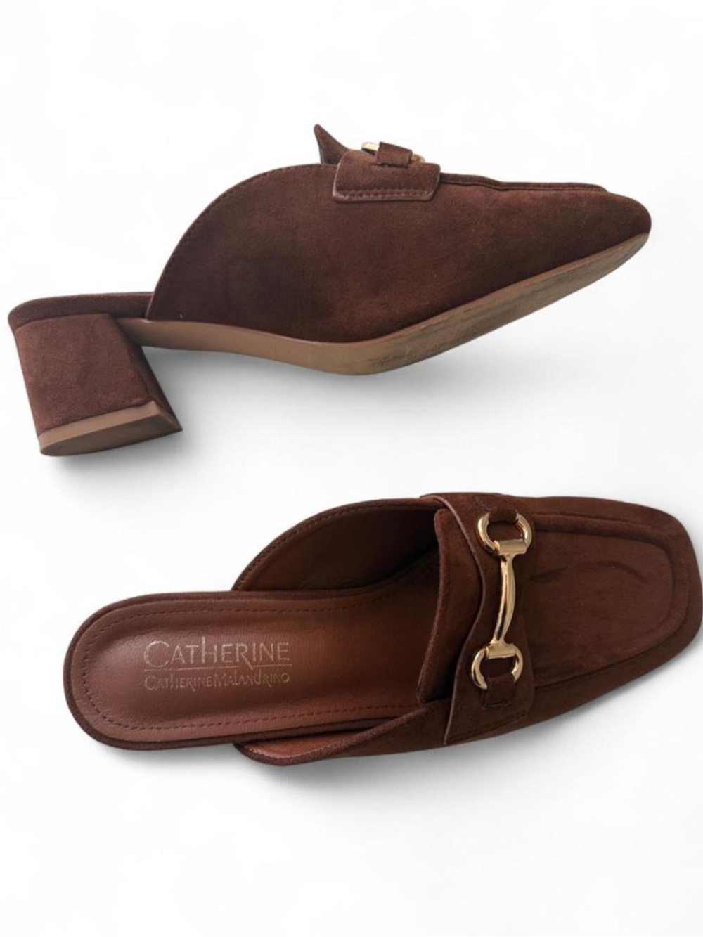 Catherine Malandrino Ollen Mules Size 8 Chocolate Brown Horsebit Block Heels